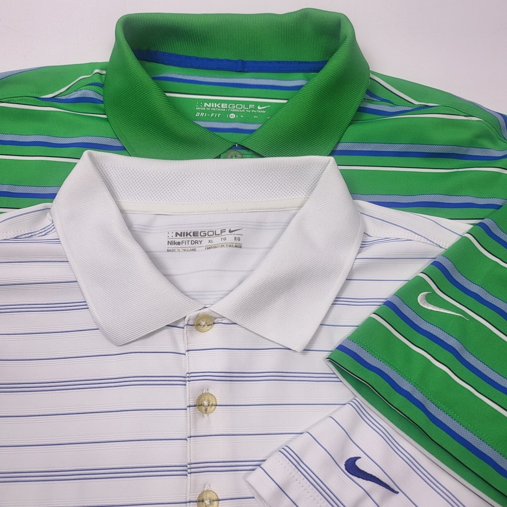 2 Nike Golf Men's Dri Fit Polo Striped Shirts Green & White Size XLarge